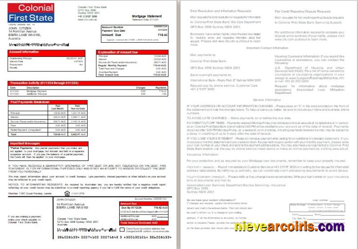 Australia Colonial First State Bank mortgage statement, 2 pages, 1-2